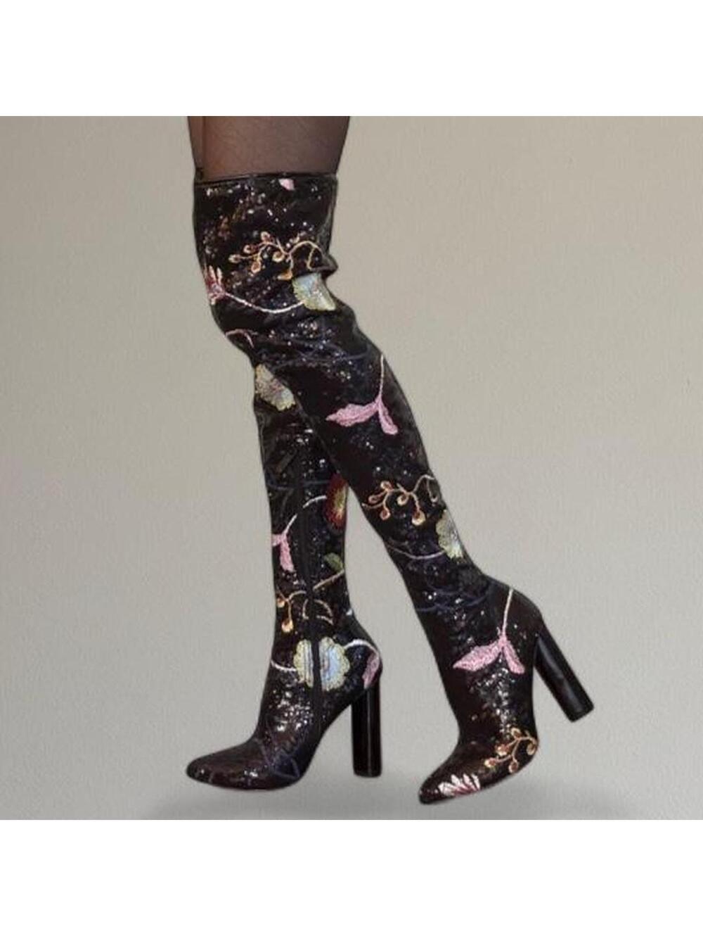 Over-the-knee sequin floral embroidered boots.